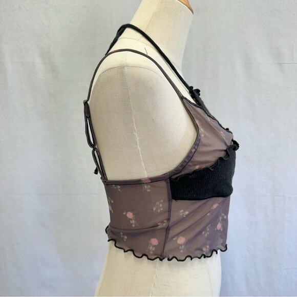 Urban Outfitters Layered Cropped Cami Mesh Floral Print Ribbed Panel Size Medium - Picture 12 of 16